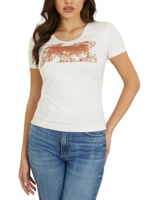 GUESS LOGO FLOWERS T-shirt in cotone stretch cremwhi - T-shirt e Top Donna