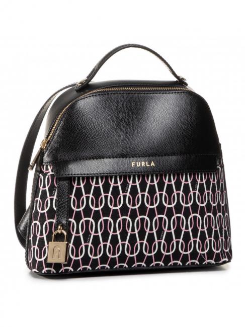 FURLA PIPER Zaino in canvas stampa catena e pelle nero+talco+rosa chiaro - Borse Donna