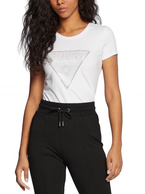GUESS TRIANGLE CRYSTAL LOGO T-shirt in cotone con strass purwhite - T-shirt e Top Donna