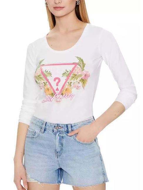 GUESS TRIANGLE FLOWERS T-shirt in cotone purwhite - T-shirt e Top Donna