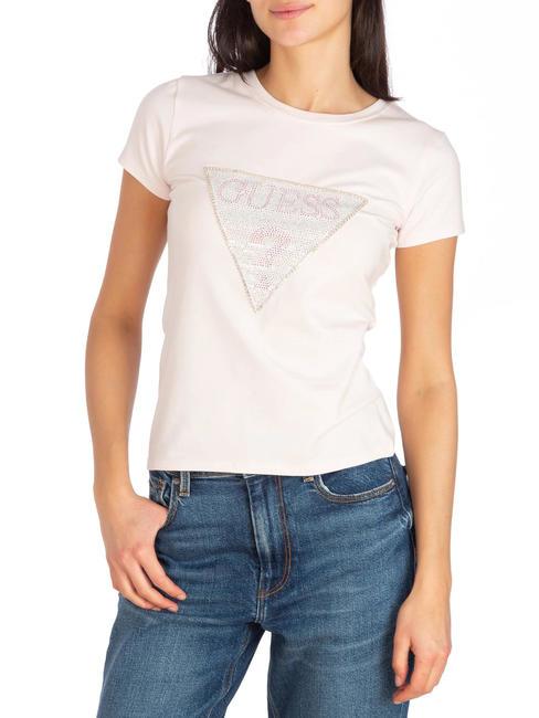 GUESS TRIANGLE CRYSTAL LOGO T-shirt in cotone con strass low key pink - T-shirt e Top Donna