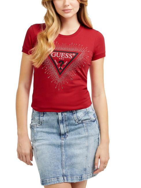 GUESS STAR TRIANGLE T-shirt stretch logo con strass chili red - T-shirt e Top Donna