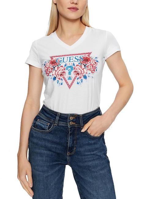 GUESS ROSES TRIANGLE T-shirt stretch stampa fiori purwhite - T-shirt e Top Donna