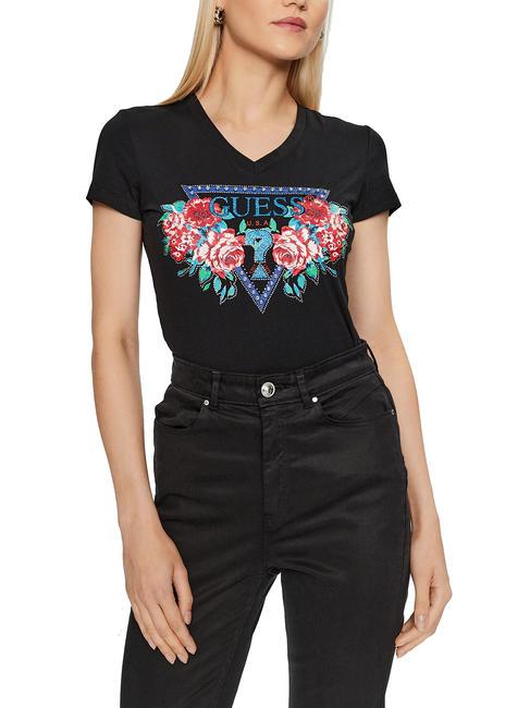 GUESS ROSES TRIANGLE T-shirt stretch stampa fiori jetbla - T-shirt e Top Donna
