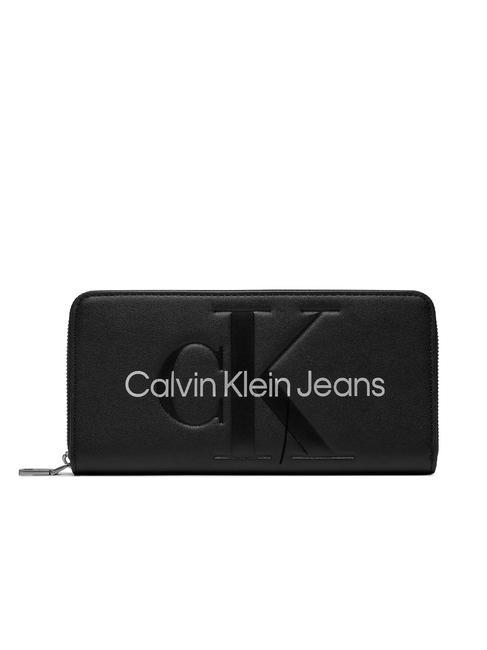 CALVIN KLEIN LETTERING LOGO Portafoglio grande zip around black/metallic logo - Portafogli Donna