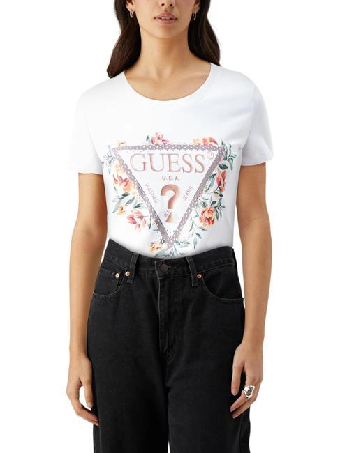 GUESS TRIANGLE FLOWERS T-shirt in cotone stretch purwhite - T-shirt e Top Donna