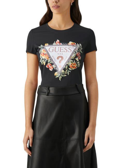 GUESS TRIANGLE FLOWERS T-shirt in cotone stretch jetbla - T-shirt e Top Donna