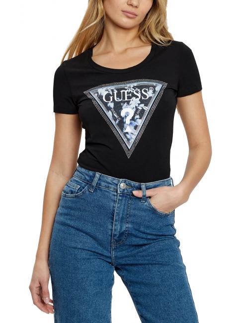 GUESS SS CN TRIANGLE FLOWER T-Shirt in cotone jetbla - T-shirt e Top Donna