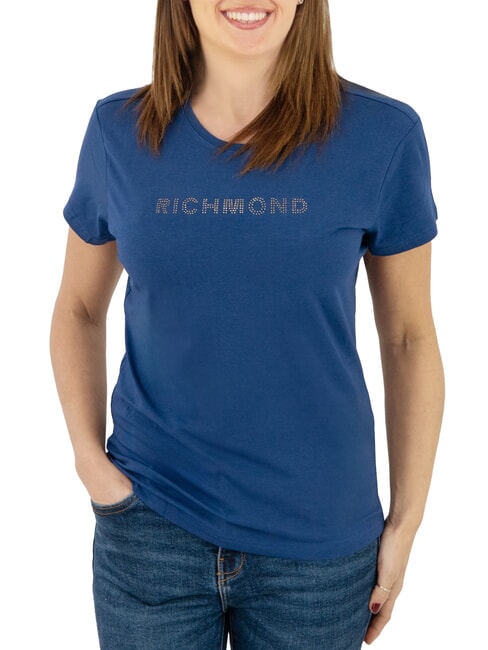 JOHN RICHMOND MECHI T-shirt stretch con logo strass blue - T-shirt e Top Donna