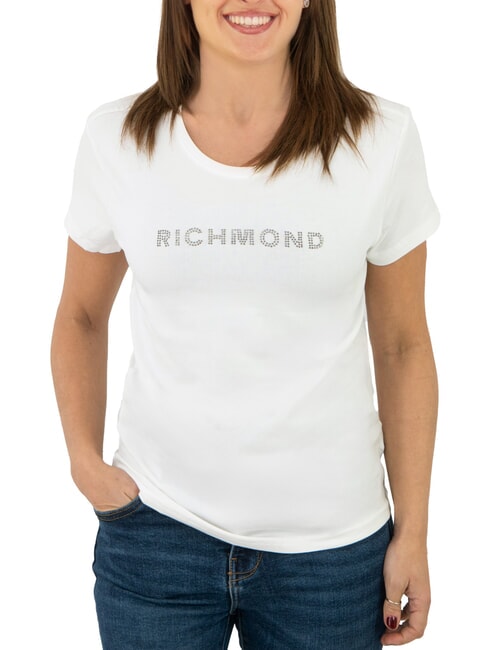 JOHN RICHMOND MECHI T-shirt stretch con logo strass off-white - T-shirt e Top Donna