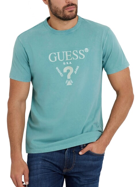 GUESS TRIANGLE T-shirt in cotone con stampa soft teal - T-shirt Uomo