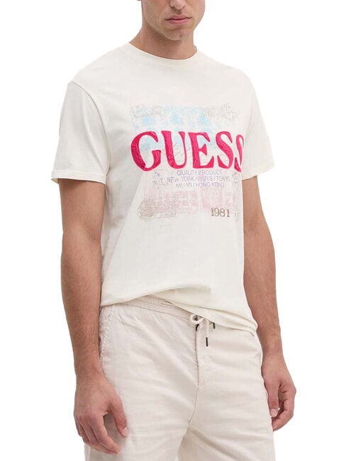 GUESS WORLD STAMPS T-shirt in cotone pearl white multi - T-shirt Uomo