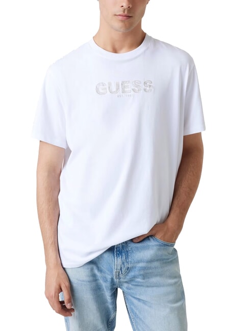 GUESS BSC EMBROIDERY LOGO T-shirt in cotone con logo ricamato purwhite - T-shirt Uomo