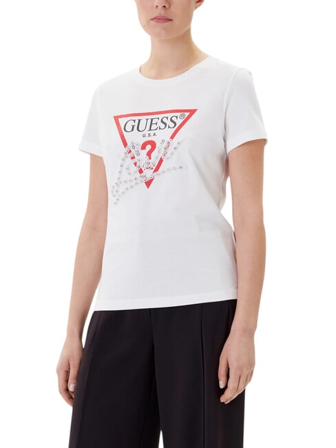 GUESS PEARLS LOVE TRIANGLE T-shirt con stampa e applicazioni purwhite - T-shirt e Top Donna