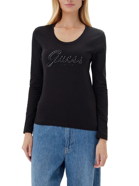 GUESS EMBRO SCRIPT LOGO T-shirt a manica lunga con logo e strass jetbla - T-shirt e Top Donna