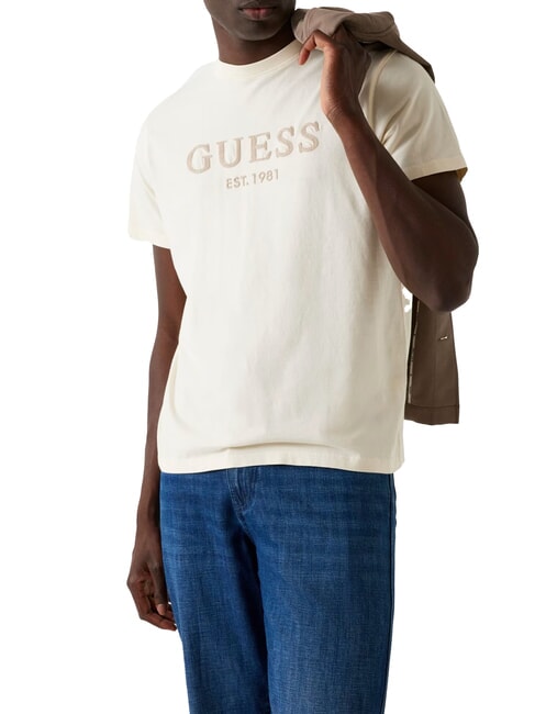 GUESS BOX LOGO T-shirt con logo ricamato pearl white - T-shirt Uomo