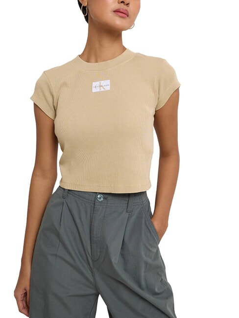 CALVIN KLEIN CK JEANS T-shirt cropped a maniche corte pale khaki - T-shirt e Top Donna