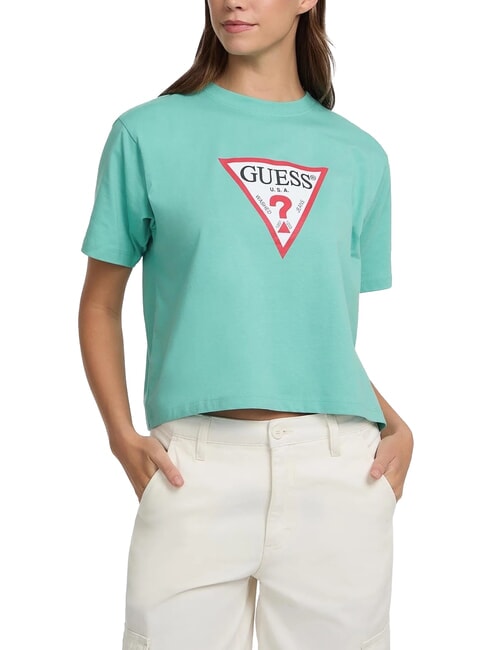 GUESS JEANS SS CN BOXY ICONIC  T-Shirt in cotone cove lagoon - T-shirt e Top Donna