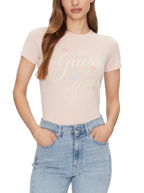 GUESS JEANS FLOWER T-shirt manica corta slim fit blush cotton - T-shirt e Top Donna