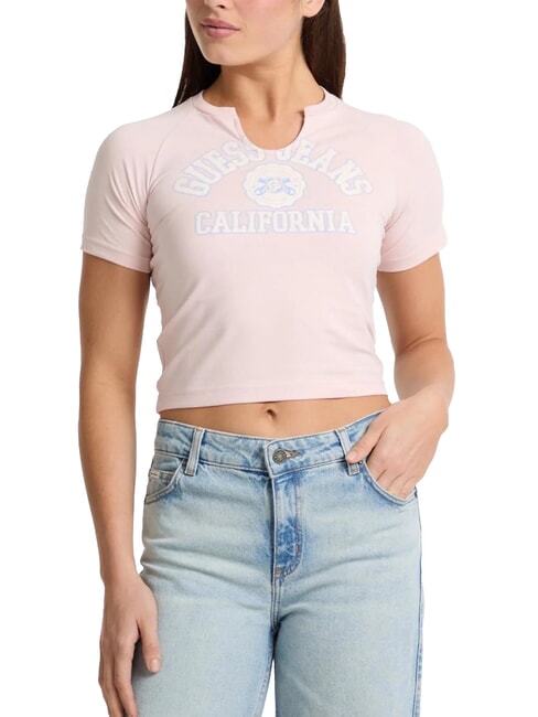 GUESS JEANS LOGO CALIFORNIA T-shirt cropped stretch manica corta blush cotton - T-shirt e Top Donna