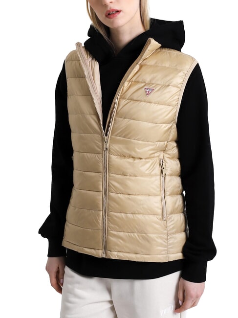 GUESS JEANS PUFFER Piumino smanicato safari tan - Gilet Donna