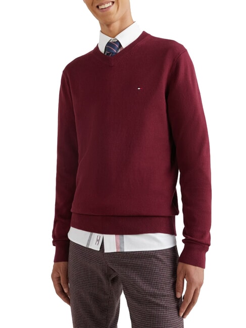 TOMMY HILFIGER PIMA MAglione scollo a V in misto cachemire deep rouge - Maglie Uomo