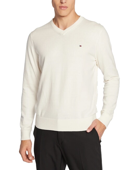TOMMY HILFIGER PIMA MAglione scollo a V in misto cachemire ivory - Maglie Uomo