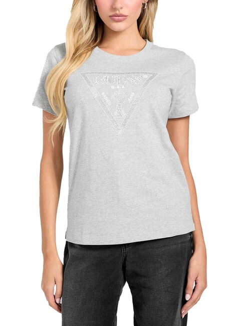 GUESS SS CN KRYSTAL TRIANGLE T-shirt manica corta borchie e strass light melange grey m - T-shirt e Top Donna