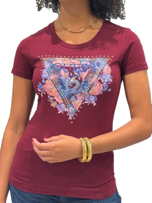 GUESS SS CN PEONY TRIANGLE T-shirt manica corta con stampa vino - T-shirt e Top Donna