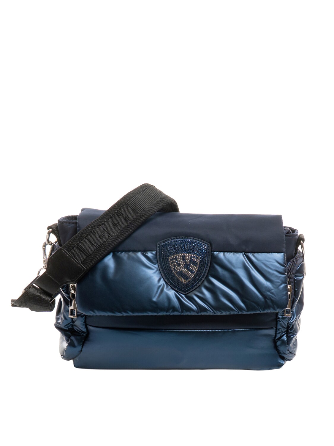Blauer Padded Nylon Borsa Fluffy A Tracolla Logo Strass Blu Navy