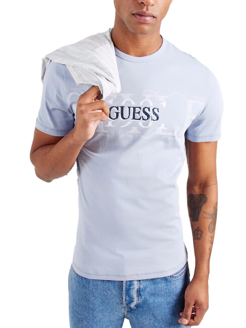 GUESS CHEST BOX T-shirt in cotone con stampa nimbus blue - T-shirt Uomo
