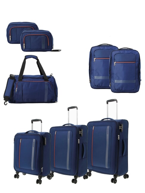 AMERICAN TOURISTER BLAZING RIDE Set 8 pezzi: 3 Trolley, 1 Borsone, 2 Zaini, 2 Beauty navy/orange - Set Trolley