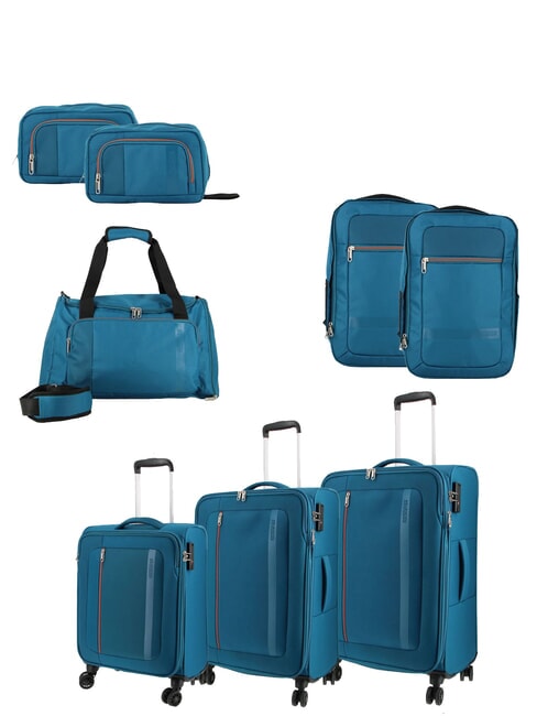 AMERICAN TOURISTER BLAZING RIDE Set 8 pezzi: 3 Trolley, 1 Borsone, 2 Zaini, 2 Beauty teal/orange - Set Trolley