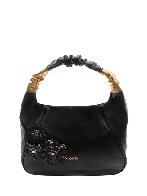BRACCIALINI SARA Borsa hobo a spalla in pelle con fiori nero - Borse Donna