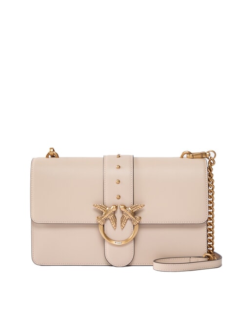 PINKO LOVE ONE CLASSIC Borsa in pelle a tracolla con flap beige-grigio fumo-antique gold - Borse Donna