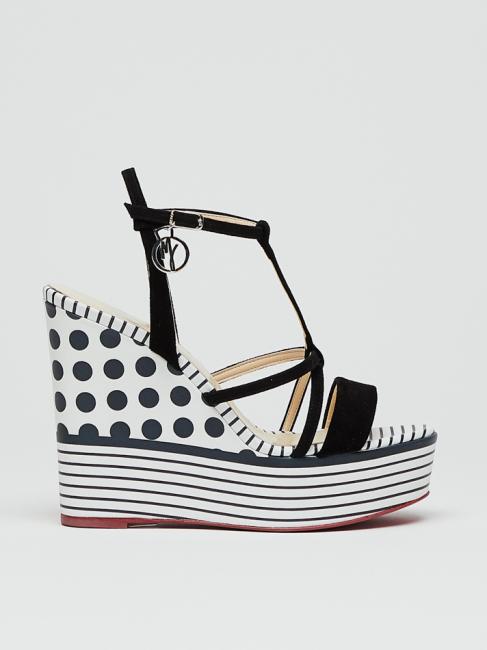 CAMPIONARIO Zeppa a pois e righe con fasce in pelle bianco/nero - Scarpe Donna