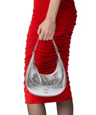 PINKO BRIOCHE Borsa a spalla in pelle metallizzata argento-nickel lucido - Borse Donna - 5