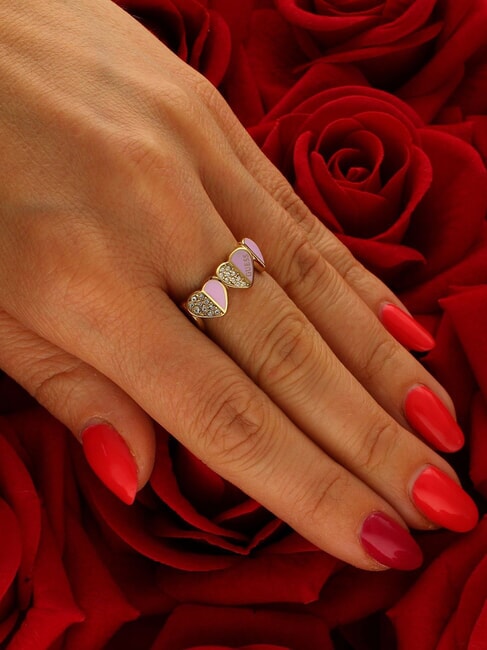 LOVELY Anello con cuori smaltati e zirconi yellow gold/lilac - Anelli