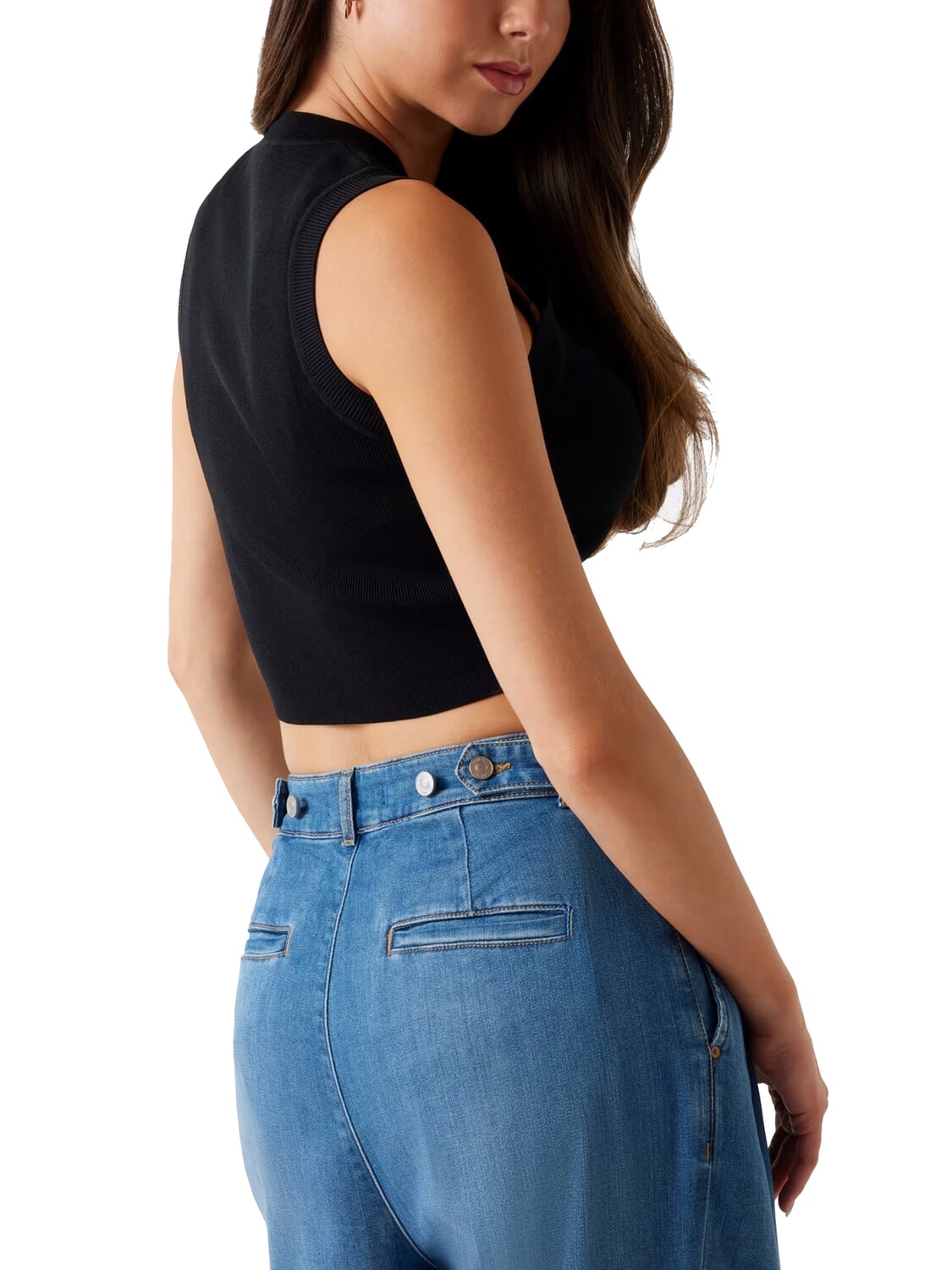 GUESS Top Donna Shayna Ritagliato | Scollo Alto Corto | Realizzato In Cotone Biologico E Fibra Eco-Sostenibile