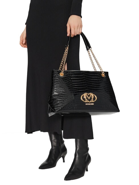 SHINY CROCO Borsa shopping a spalla croco nero - Borse Donna