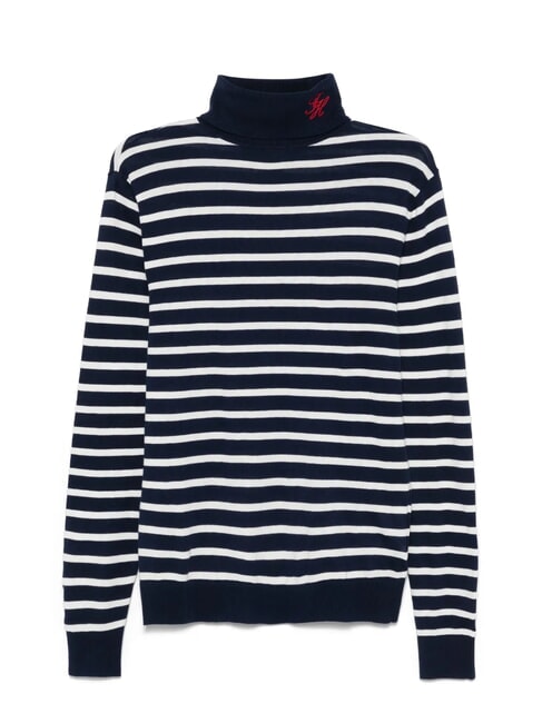 TH Maglione dolcevita misto cotone dark night navy white breton stripe - Maglie Uomo