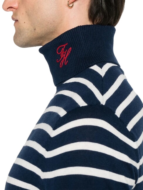 TH Maglione dolcevita misto cotone dark night navy white breton stripe - Maglie Uomo