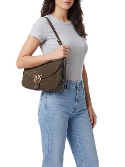 LOVE SATCHEL Borsa a spalla, in pelle suede verde oliva  scuro-antique gol - Borse Donna